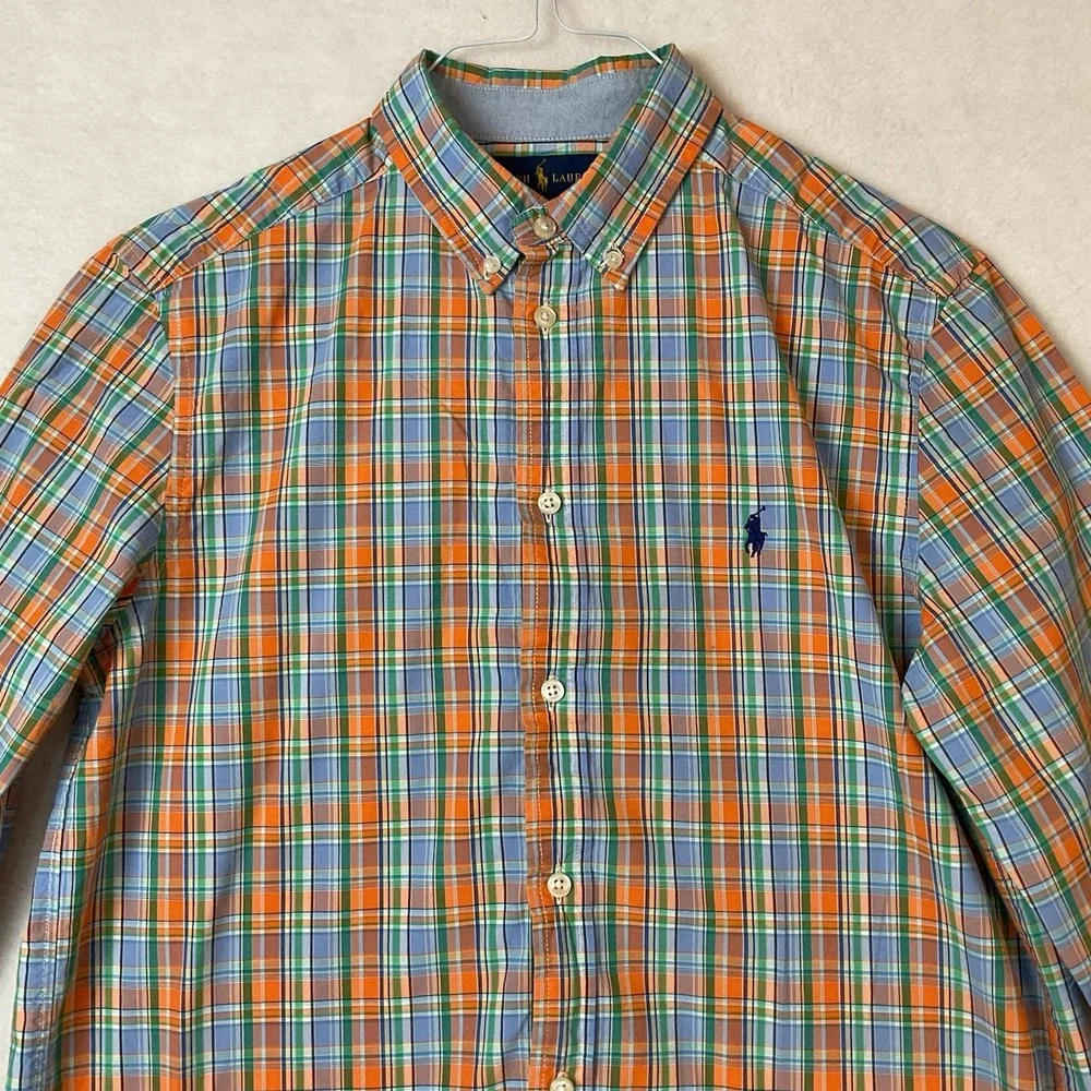 Ralph Lauren Plaid Shirt Boys XL (18-20) Blue‎ Orange Long Sleeve Button Up Down